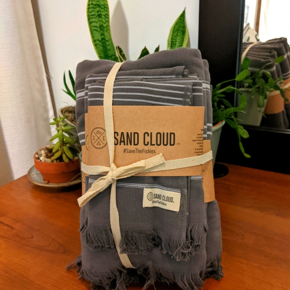 Sand Cloud bath bundle in gray with white stripes